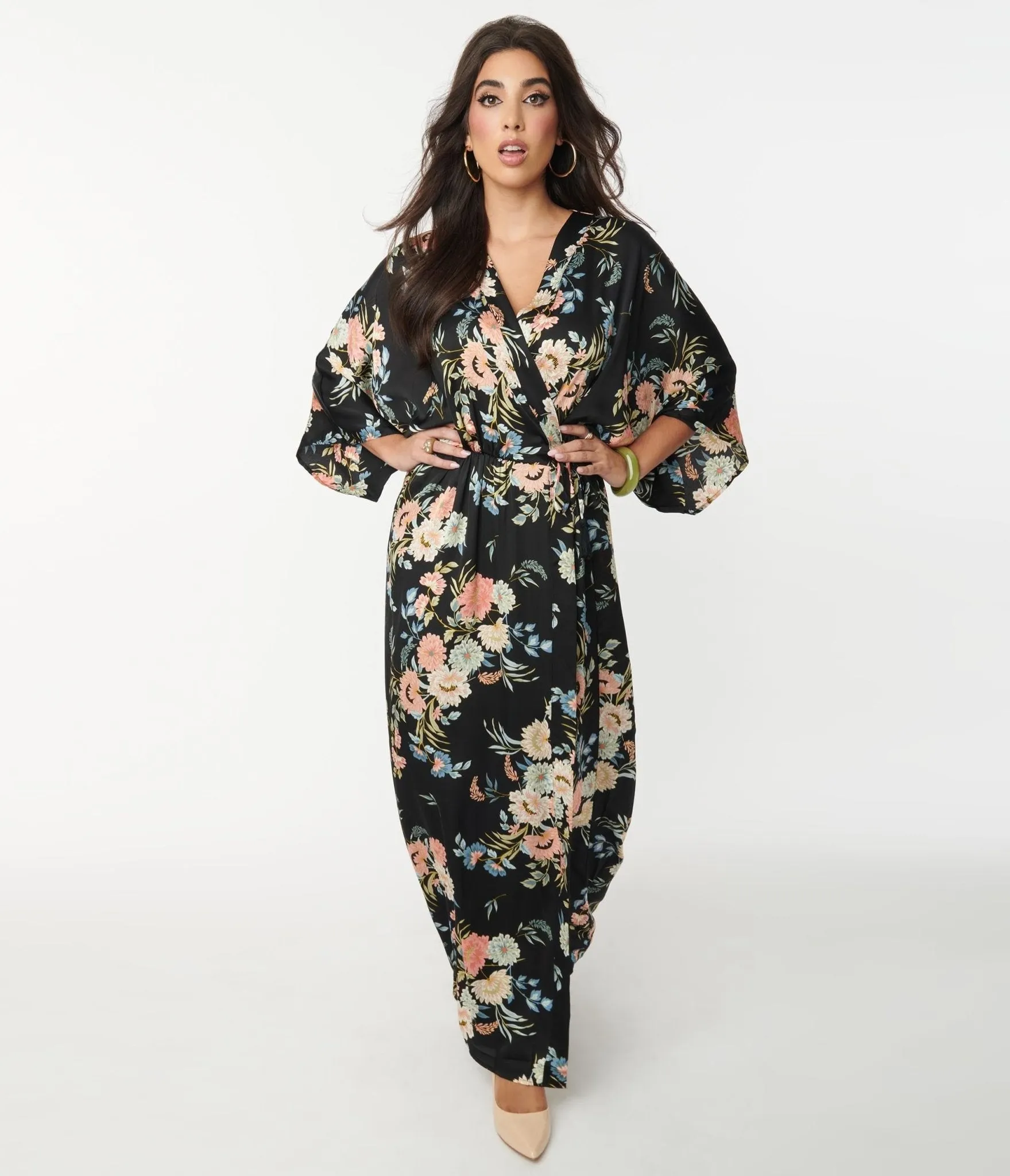 1970s Black & Blue Floral Maxi Wrap Dress