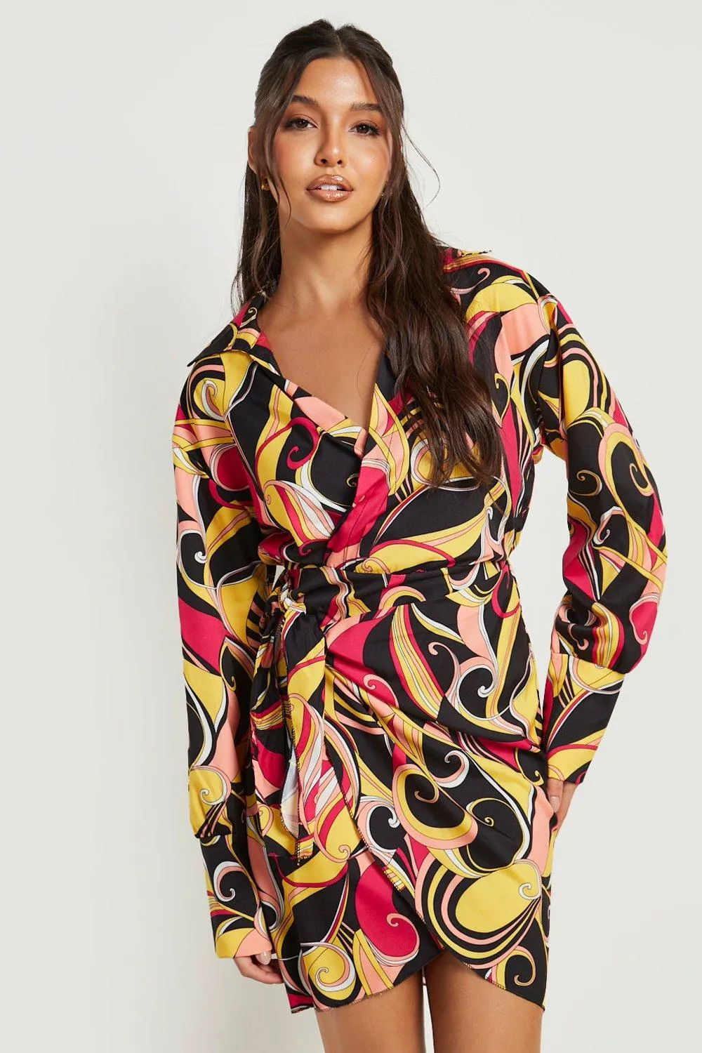 Abstract Print Wrap Shirt Dress