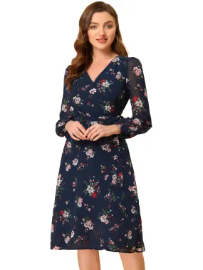 Allegra K- Floral V Neck Tie Waist Bishop Sleeve Wrap Midi Dress