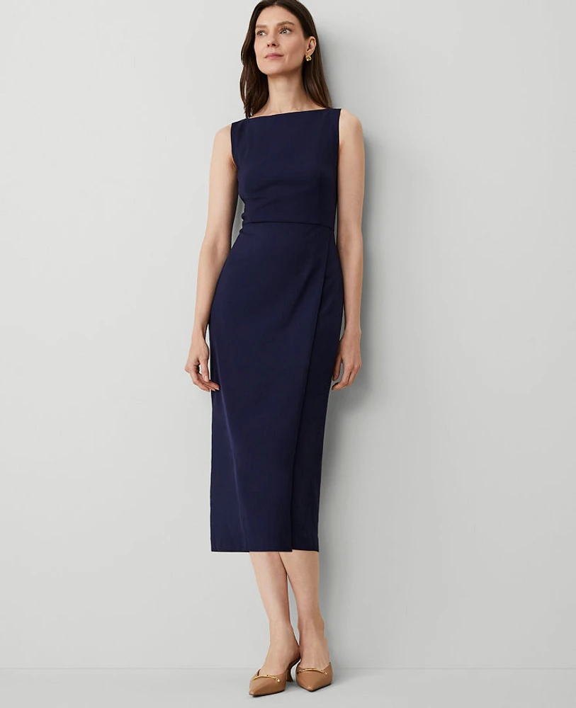 Ann Taylor The Boatneck Wrap Sheath Dress Textured Drape Navy Women's