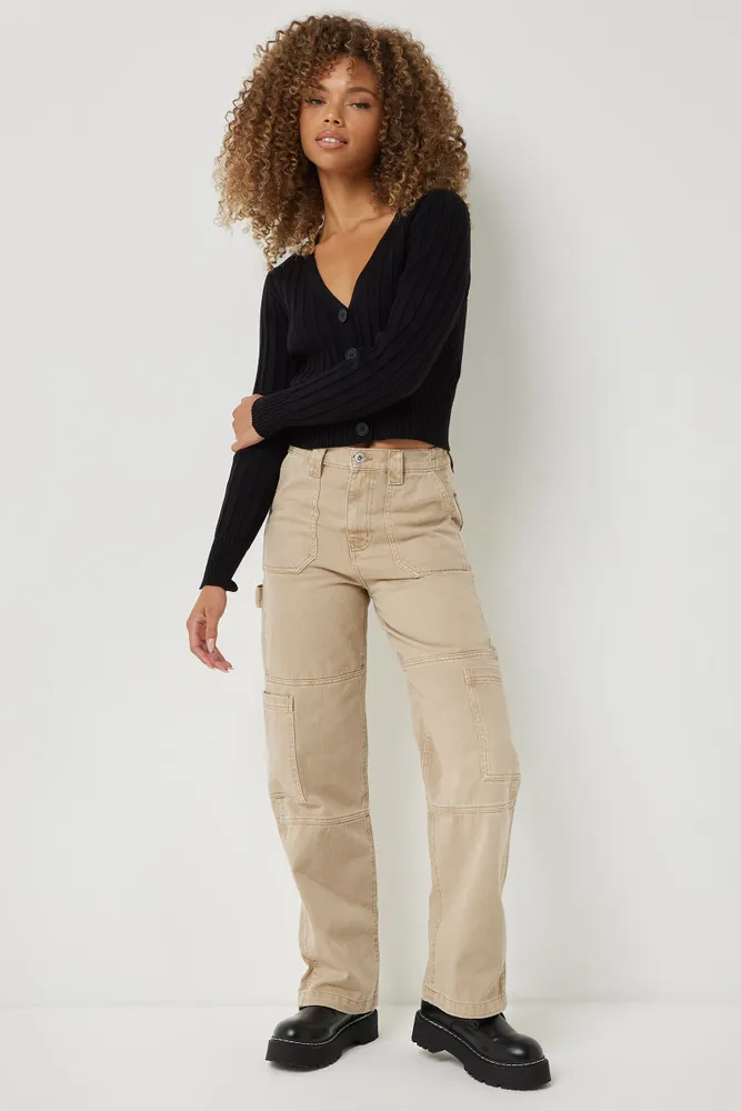 Ardene Ardene 90's High Rise Colored Carpenter Jeans in Beige | Size | 100% Cotton