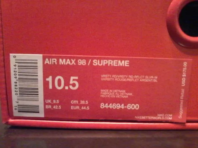 AW 84 HAT & NIKE AIR MAX 98 / SUPREME 844694-600 RED