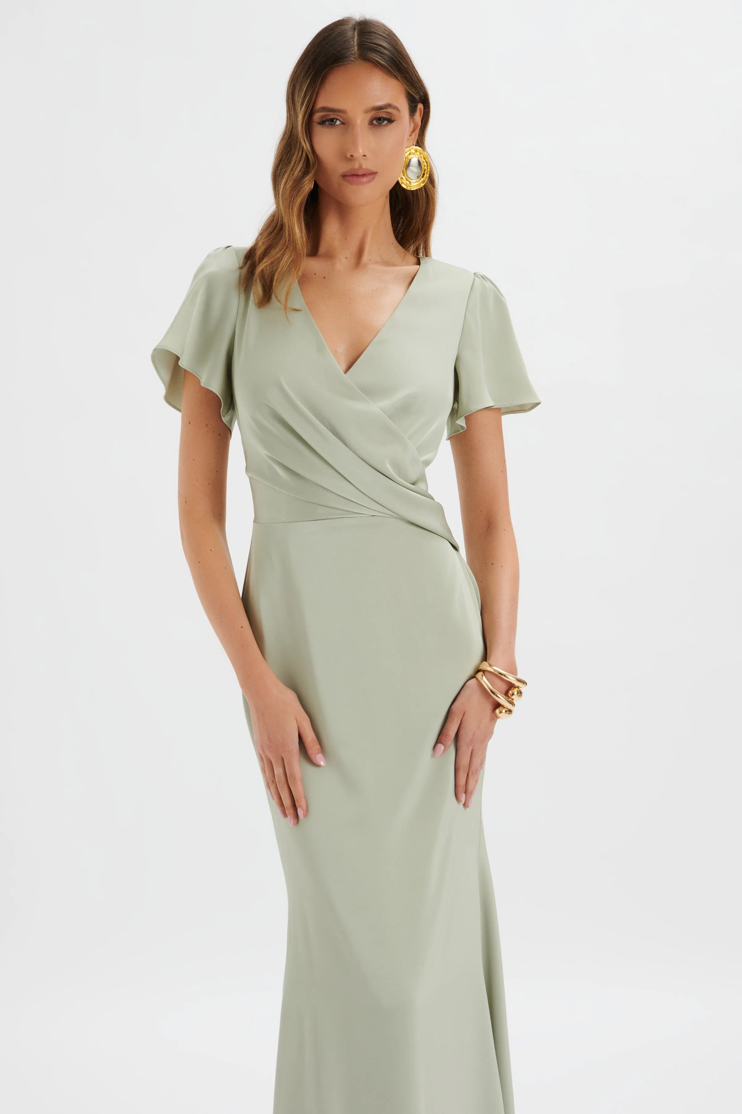 BEAU Draped Wrap Satin Maxi Dress with Sleeves in Sage Green