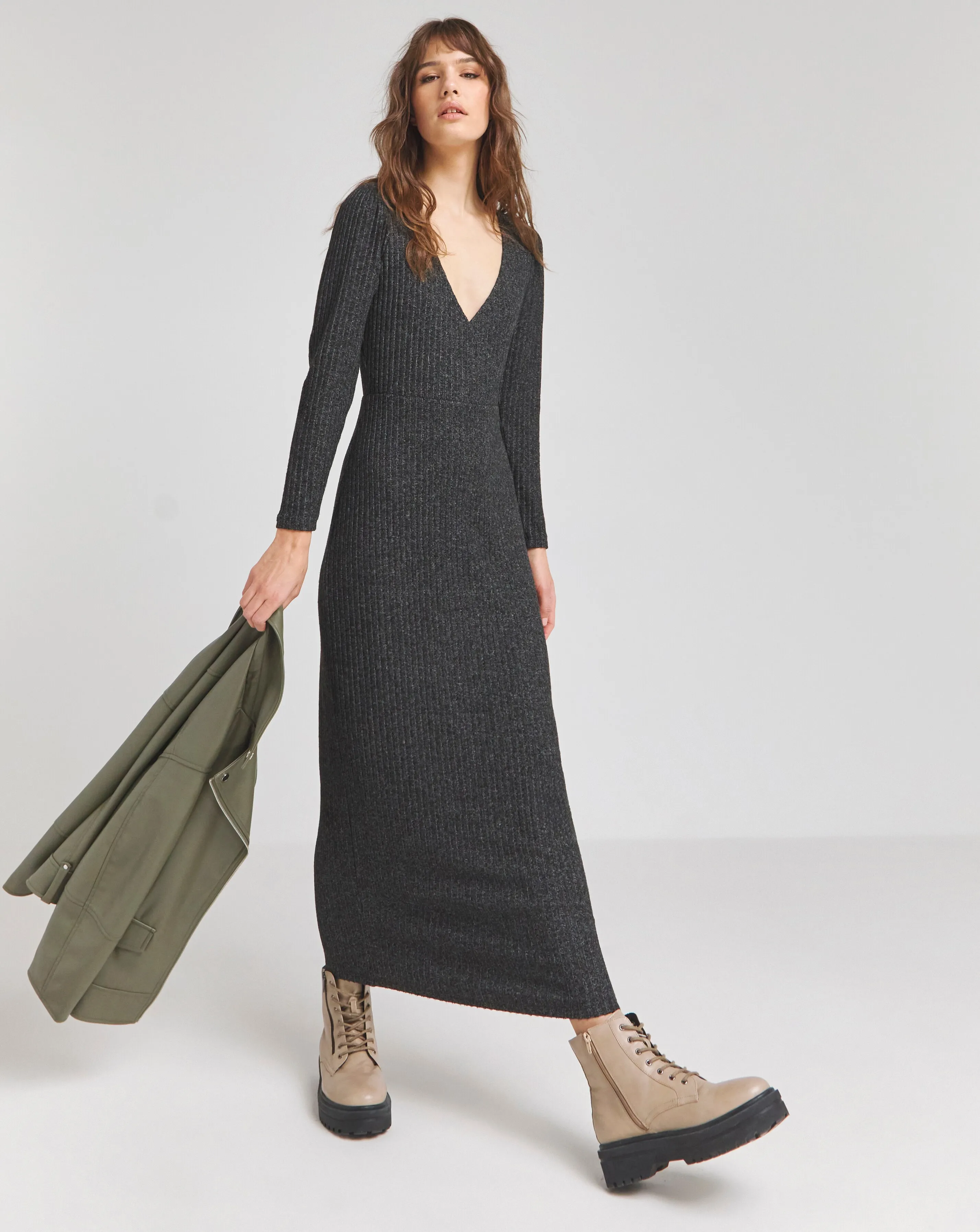 Black Marl Cosy Rib Wrap Maxi Dress | Simply Be