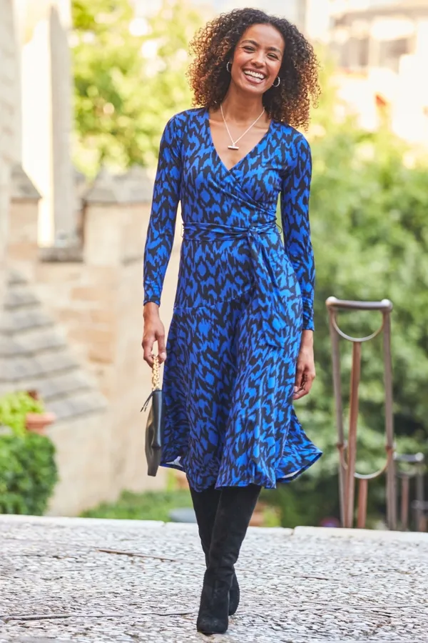 Blue & Black Fleck Print Faux Wrap Midi Jersey Dress