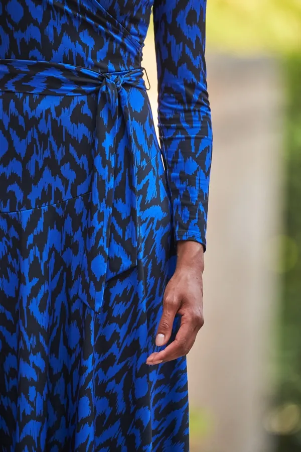 Blue & Black Fleck Print Faux Wrap Midi Jersey Dress