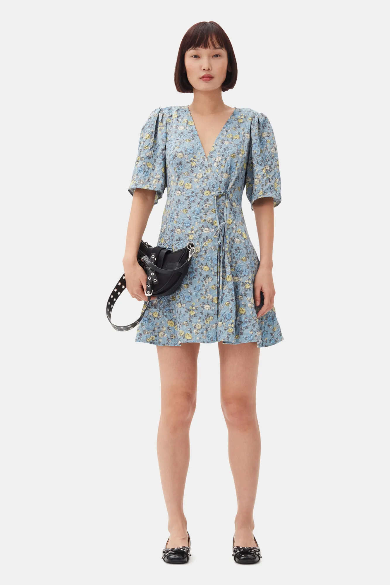 Blue Floral Printed Crinkled Satin Mini Wrap Dress