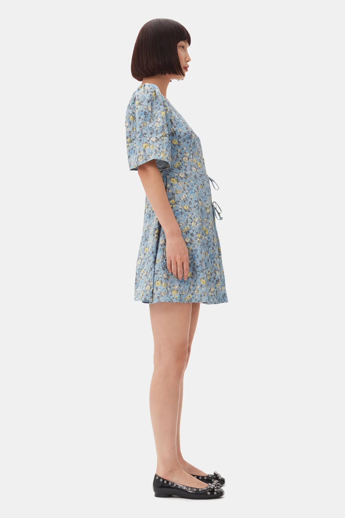 Blue Floral Printed Crinkled Satin Mini Wrap Dress