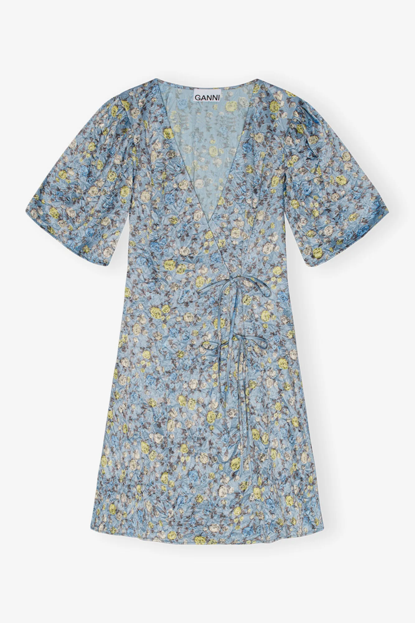 Blue Floral Printed Crinkled Satin Mini Wrap Dress