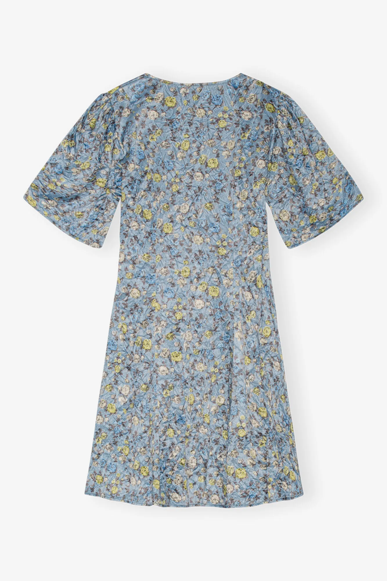 Blue Floral Printed Crinkled Satin Mini Wrap Dress