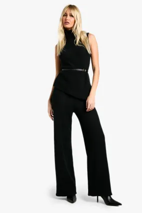 Brushed Chunky Rib High Neck Asymmetric Hem Top And Wide Leg Pants Two-Piece