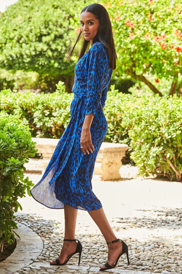 Cobalt Blue Animal Print Ruched Sleeve Midi Wrap Dress