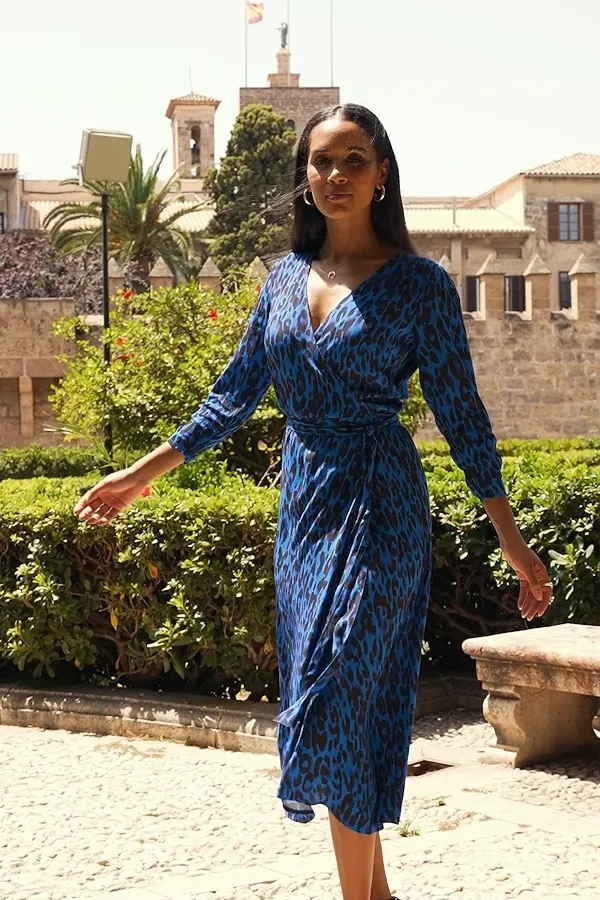 Cobalt Blue Animal Print Ruched Sleeve Midi Wrap Dress