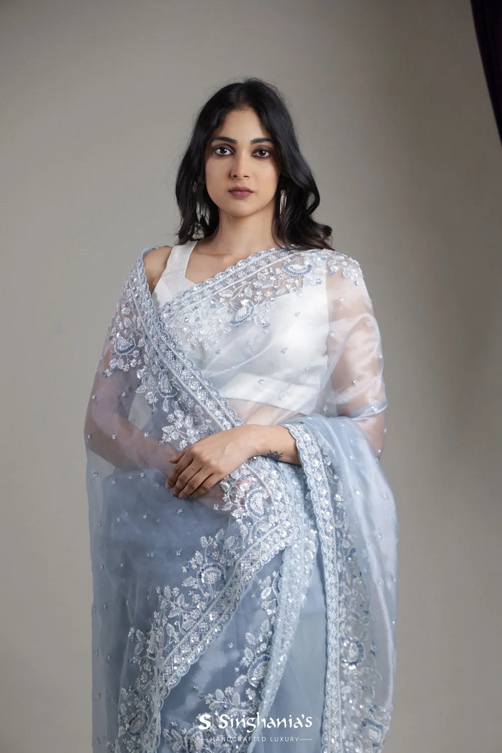 Columbia Blue Designer Organza Saree With Hand Embroidery