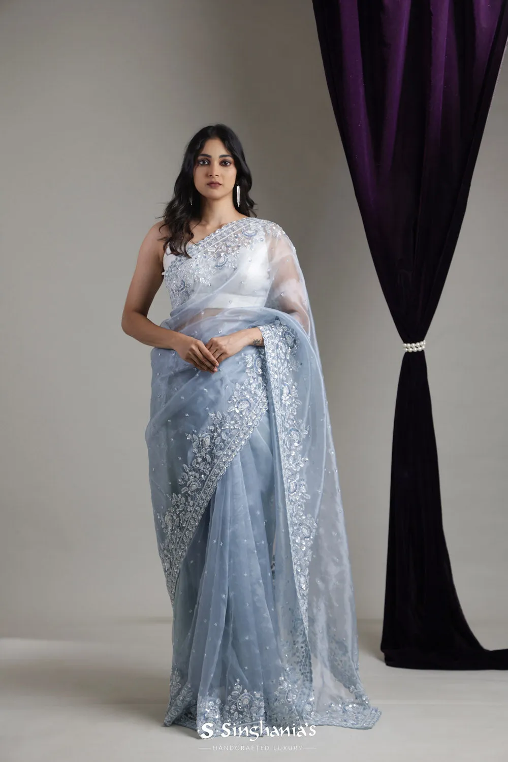 Columbia Blue Designer Organza Saree With Hand Embroidery