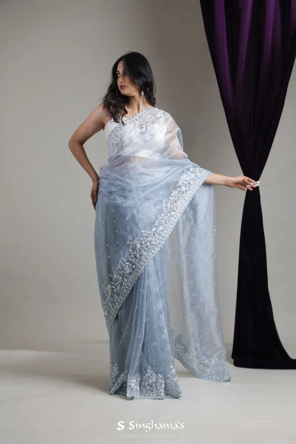 Columbia Blue Designer Organza Saree With Hand Embroidery