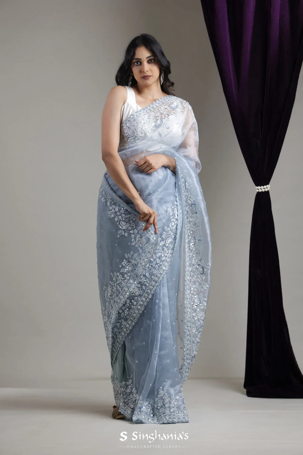 Columbia Blue Designer Organza Saree With Hand Embroidery