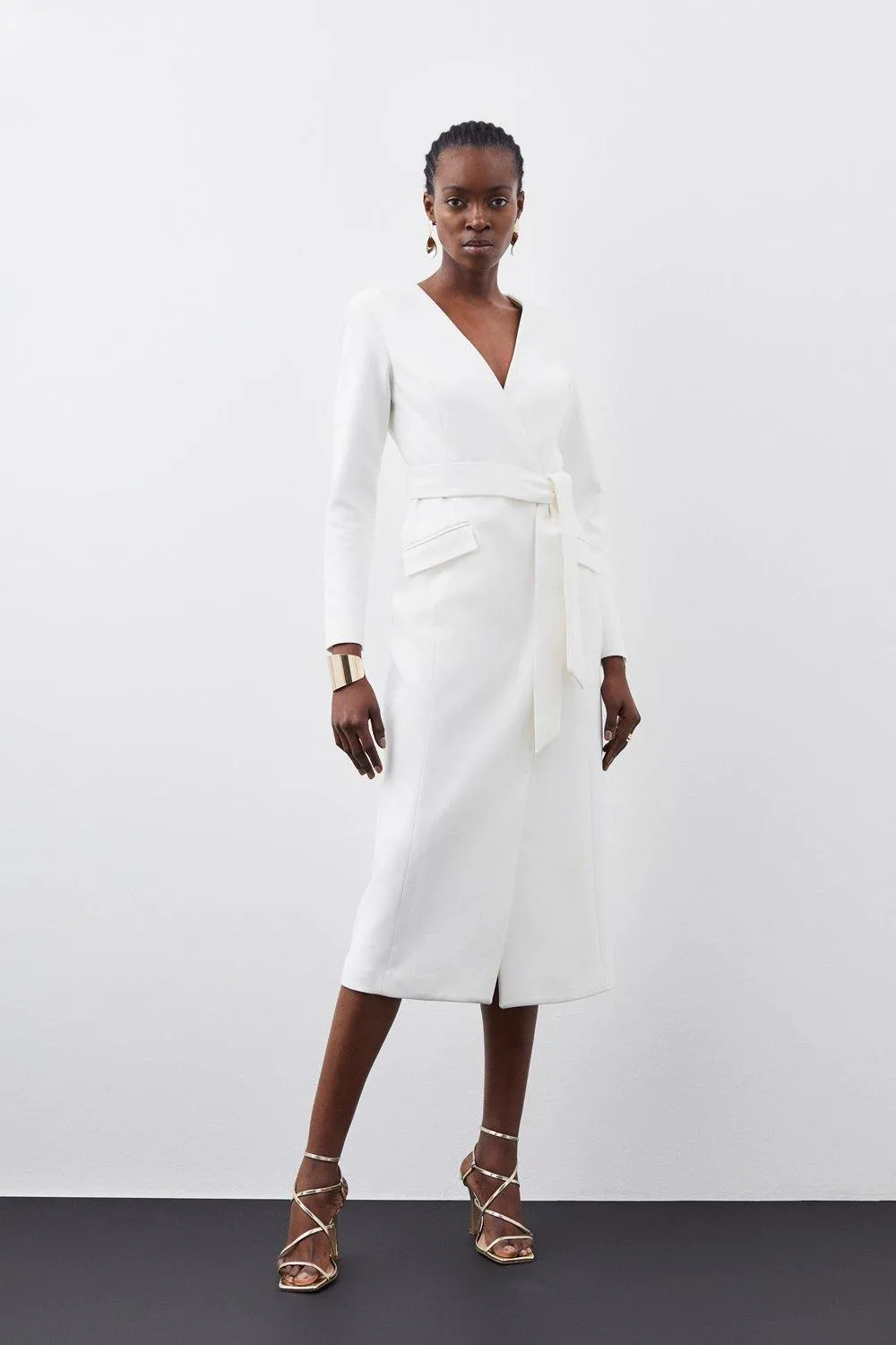 Compact Stretch Wrap Detail Belted Midi Dress | Karen Millen