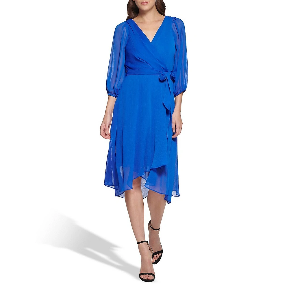 DKNY Tied Balloon-Sleeve Illusion Faux Wrap Dress