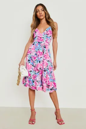 Floral Frill Skirt Wrap Midi Dress