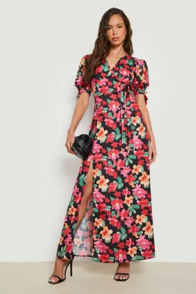 Floral Puff Sleeve Wrap Maxi Dress