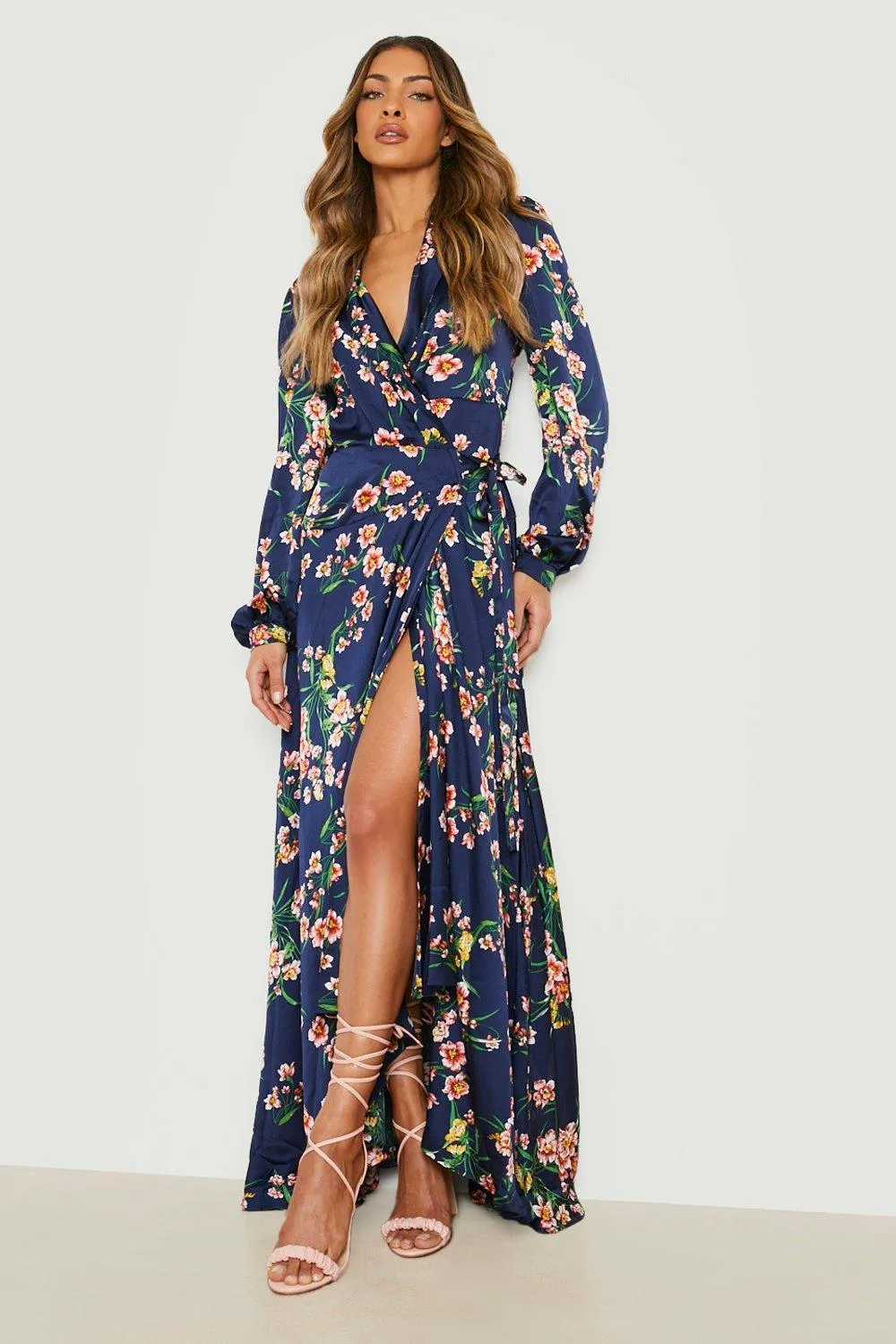 Floral Ruffle Satin Wrap Maxi Dress