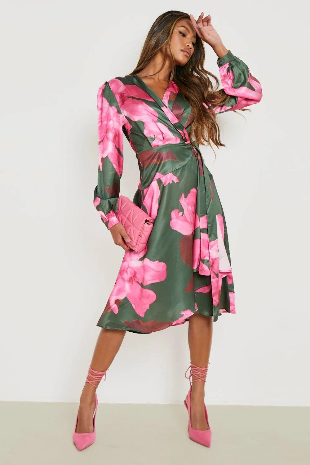 Floral Satin Wrap Ruffle Midi Dress