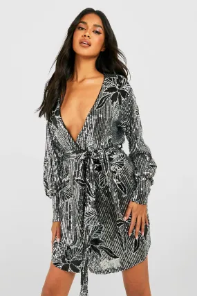 Floral Sequin Tie Wrap Mini Party Dress