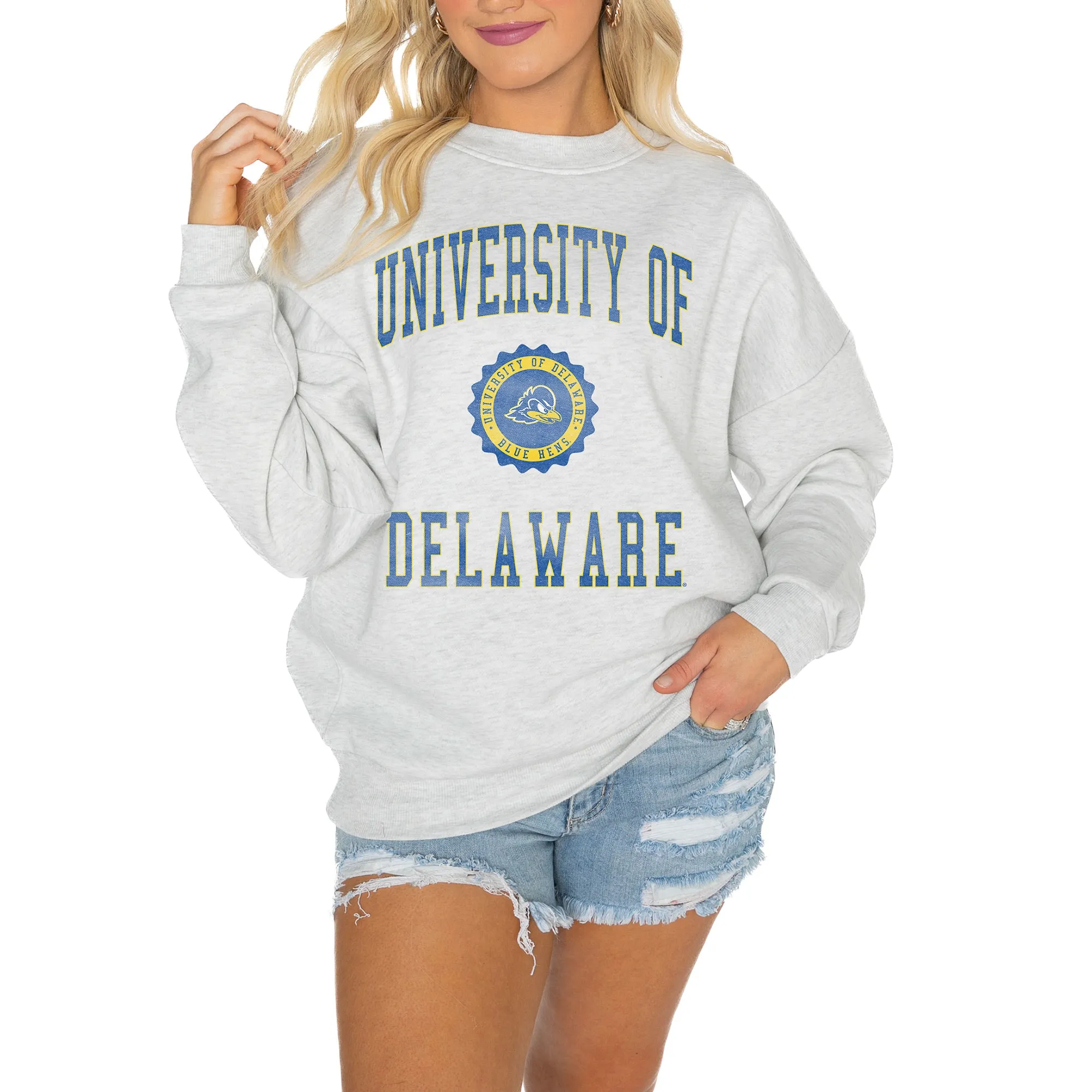 Gameday Couture Delaware Fightin' Blue Hens Women's Steel Good Vibes Premium Fleece Drop Shoulder Pullover Sweatshirt