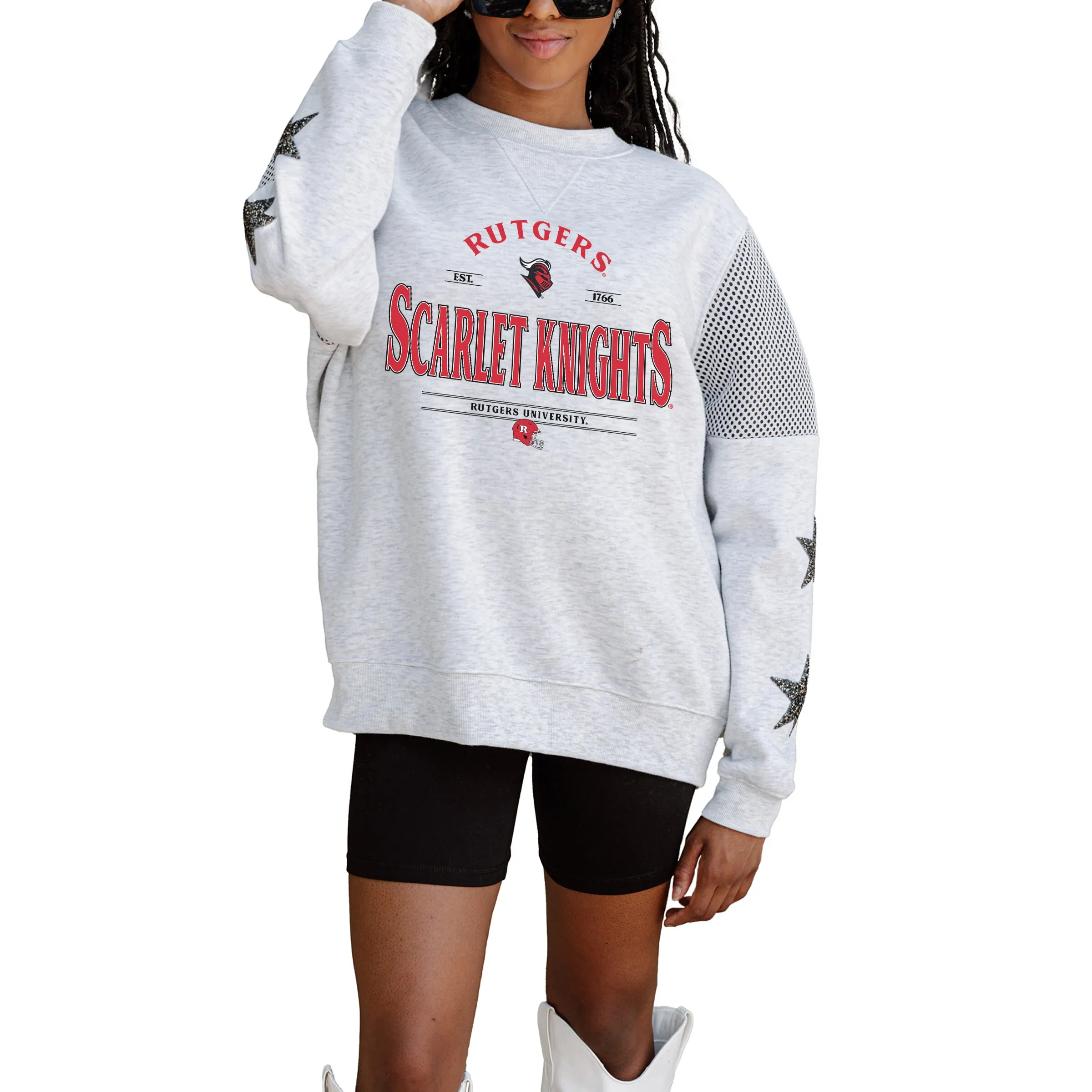 Gameday Couture Rutgers Scarlet Knights Women's Ash Rhinestone Star Mesh Shoulder Fleece Pullover Sweatshirt