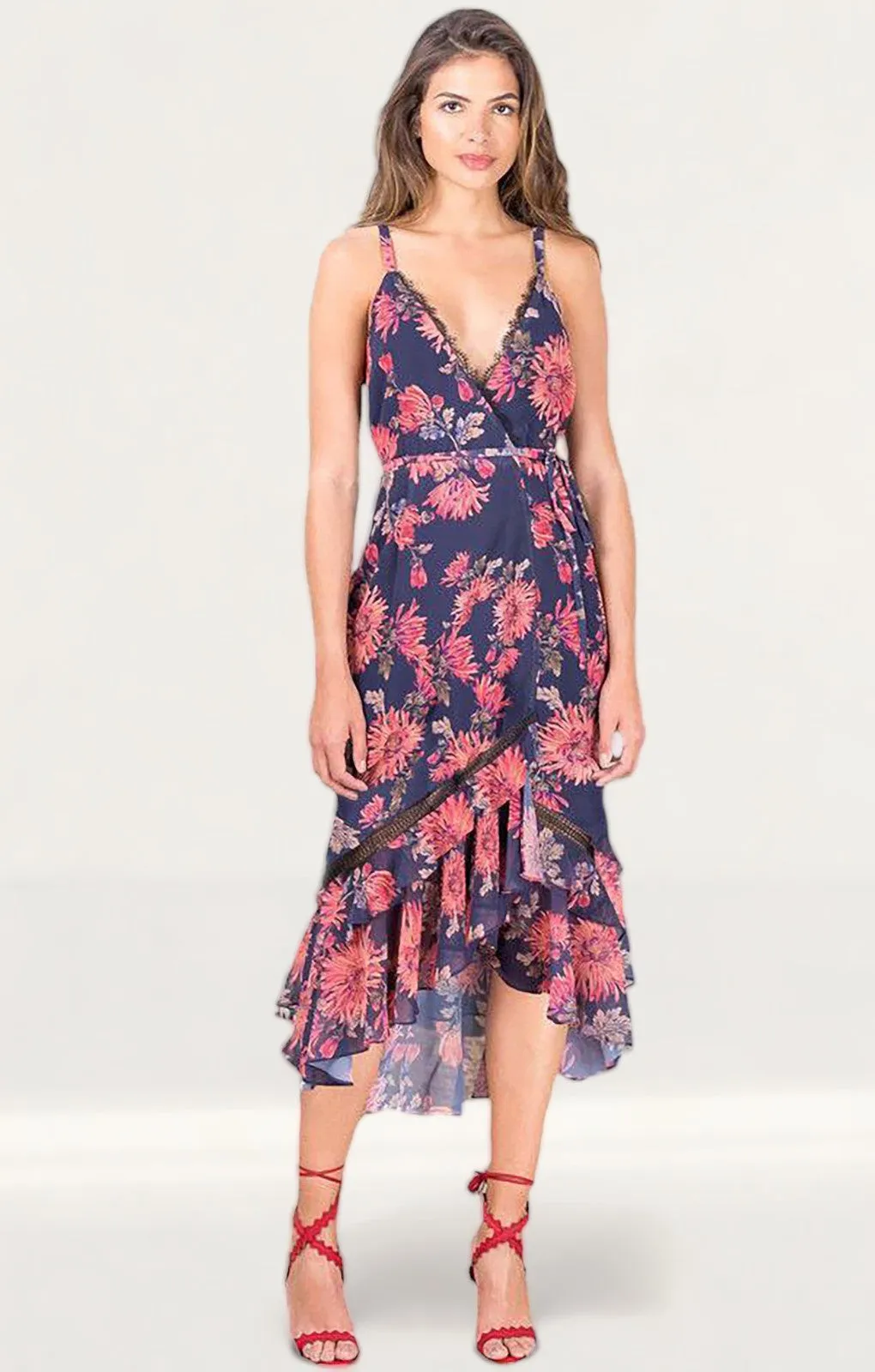 Hope & Ivy Navy Floral Wrap Midi Dress