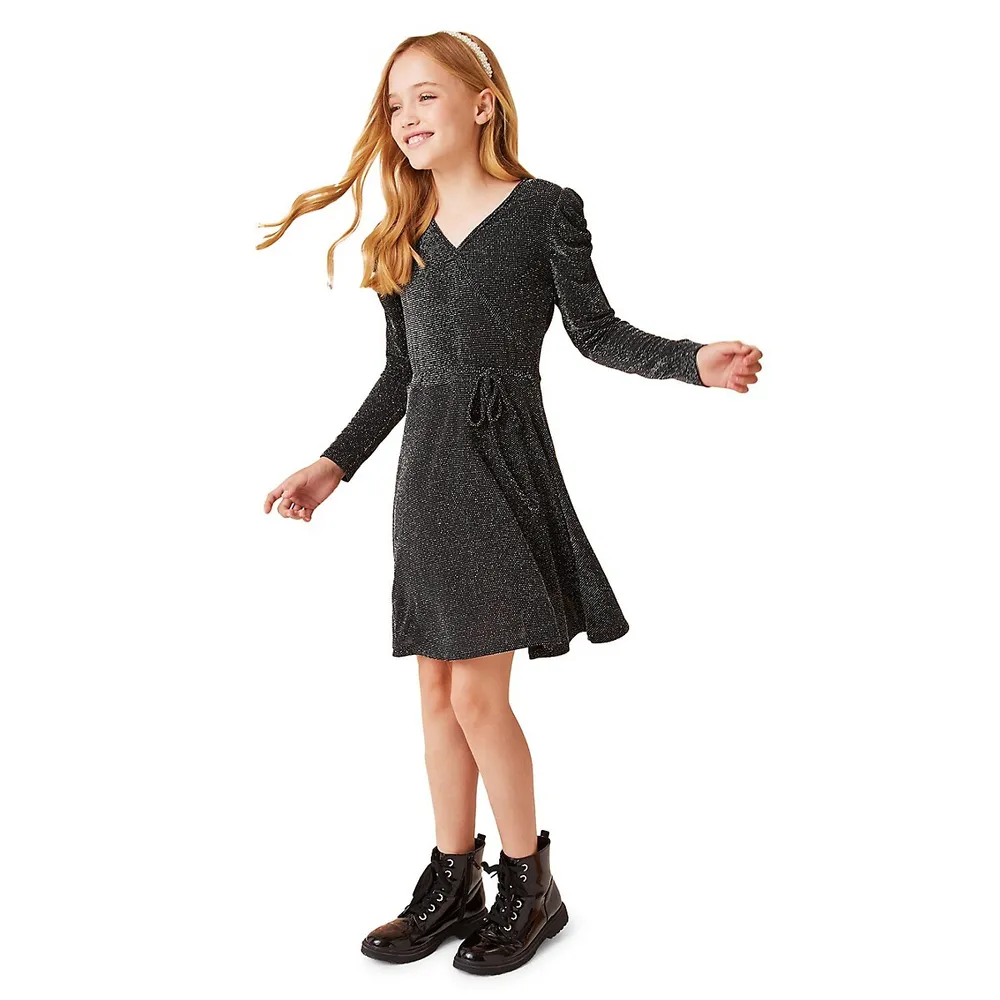 Hudson's Bay Girl's Glitter Puff-Sleeve Wrap-Style Dress