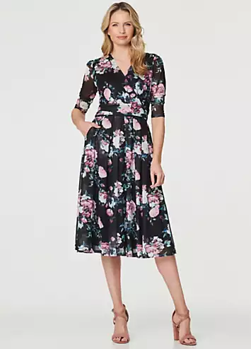 Izabel London Multi Black Floral Pleated Midi Wrap Tea Dress | Grattan