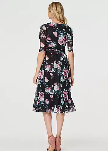 Izabel London Multi Black Floral Pleated Midi Wrap Tea Dress | Grattan