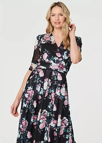 Izabel London Multi Black Floral Pleated Midi Wrap Tea Dress | Grattan