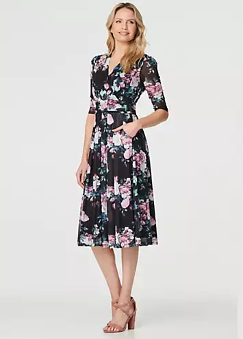 Izabel London Multi Black Floral Pleated Midi Wrap Tea Dress | Grattan