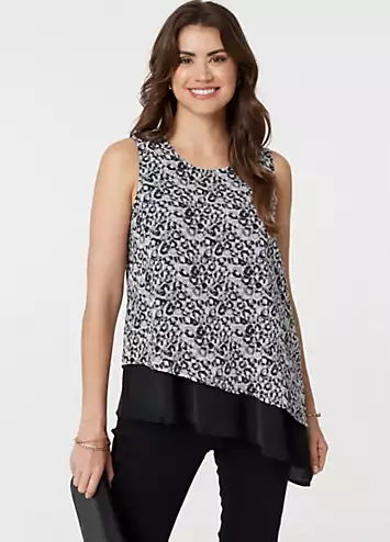 Izabel London Multi Black Printed Asymmetric Sleeveless Tunic Top | Grattan