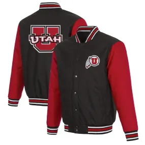 JH Design Utah Utes Black Poly Twill Full-Snap Varsity Jacket