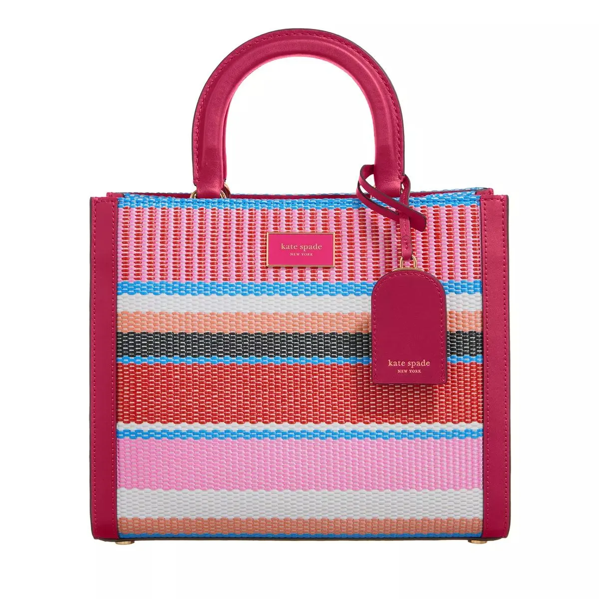 Kate Spade New York  Manhattan Striped Woven Straw Small Tote wild raspberry multi