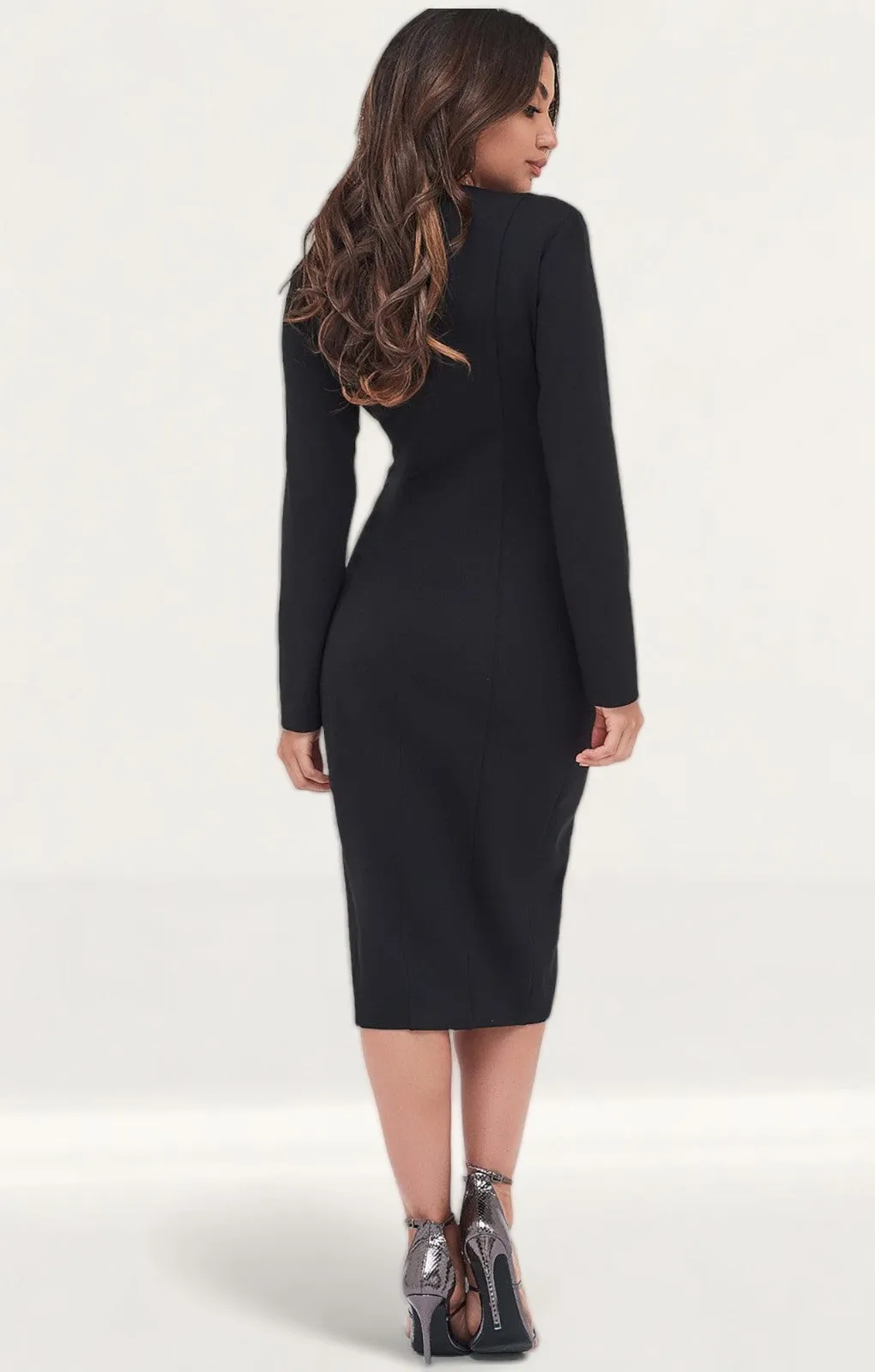 Lavish Alice Square Neck Buttoned Wrap Midi Dress In Black