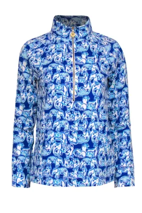 Lilly Pulitzer - Blue Elephant Print Half Zip Pullover Sz S