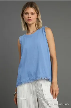 Linen Blend Back Button Down Sleeveless Top - Orchid Blue