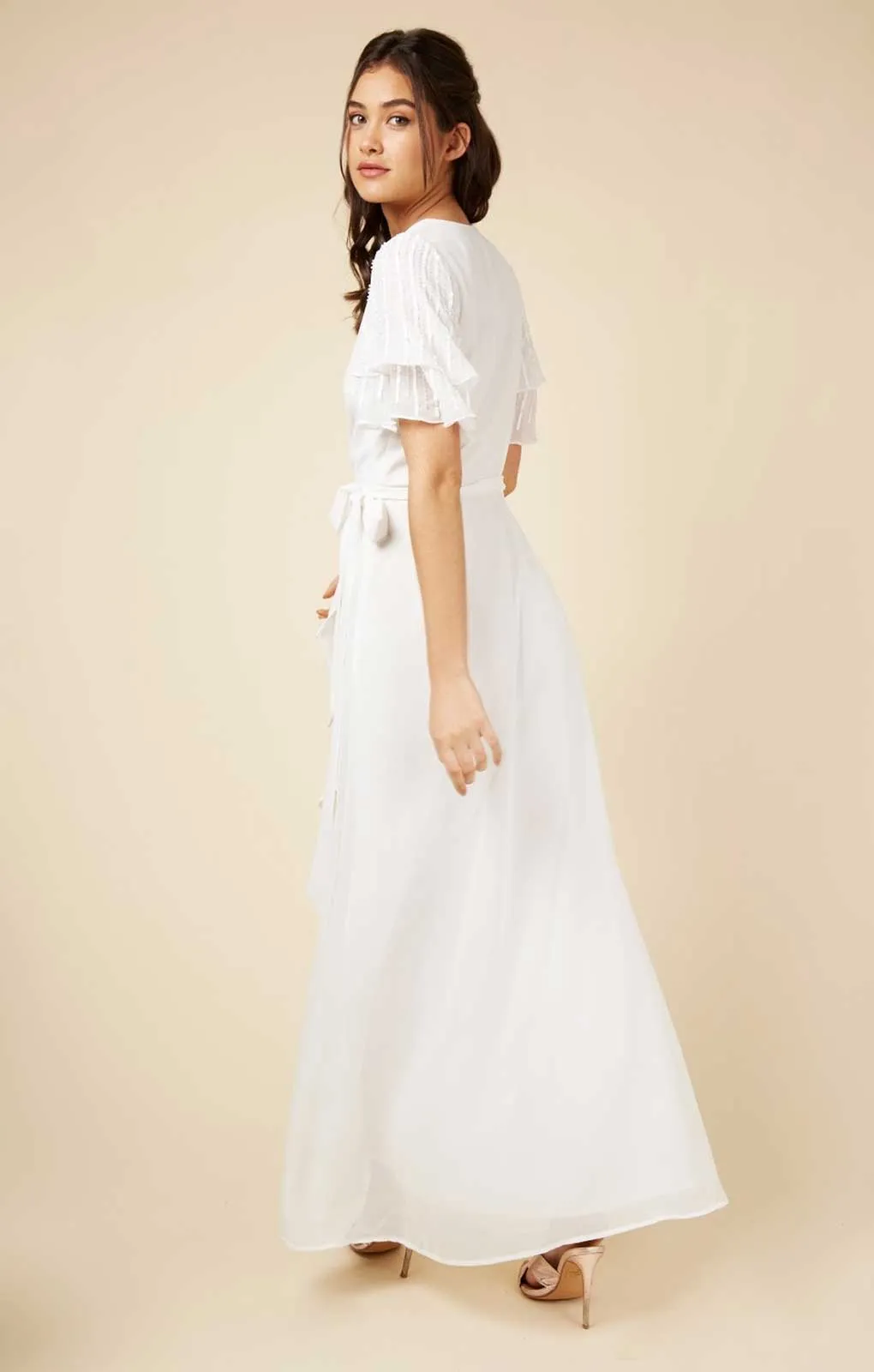 Little Mistress Ambrose Ivory Embellished Wrap Maxi Dress