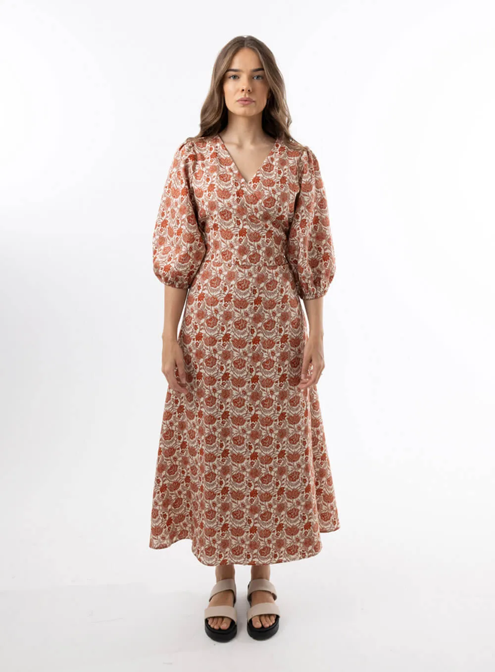 Lydia Linen Wrap Dress-Paisley Red