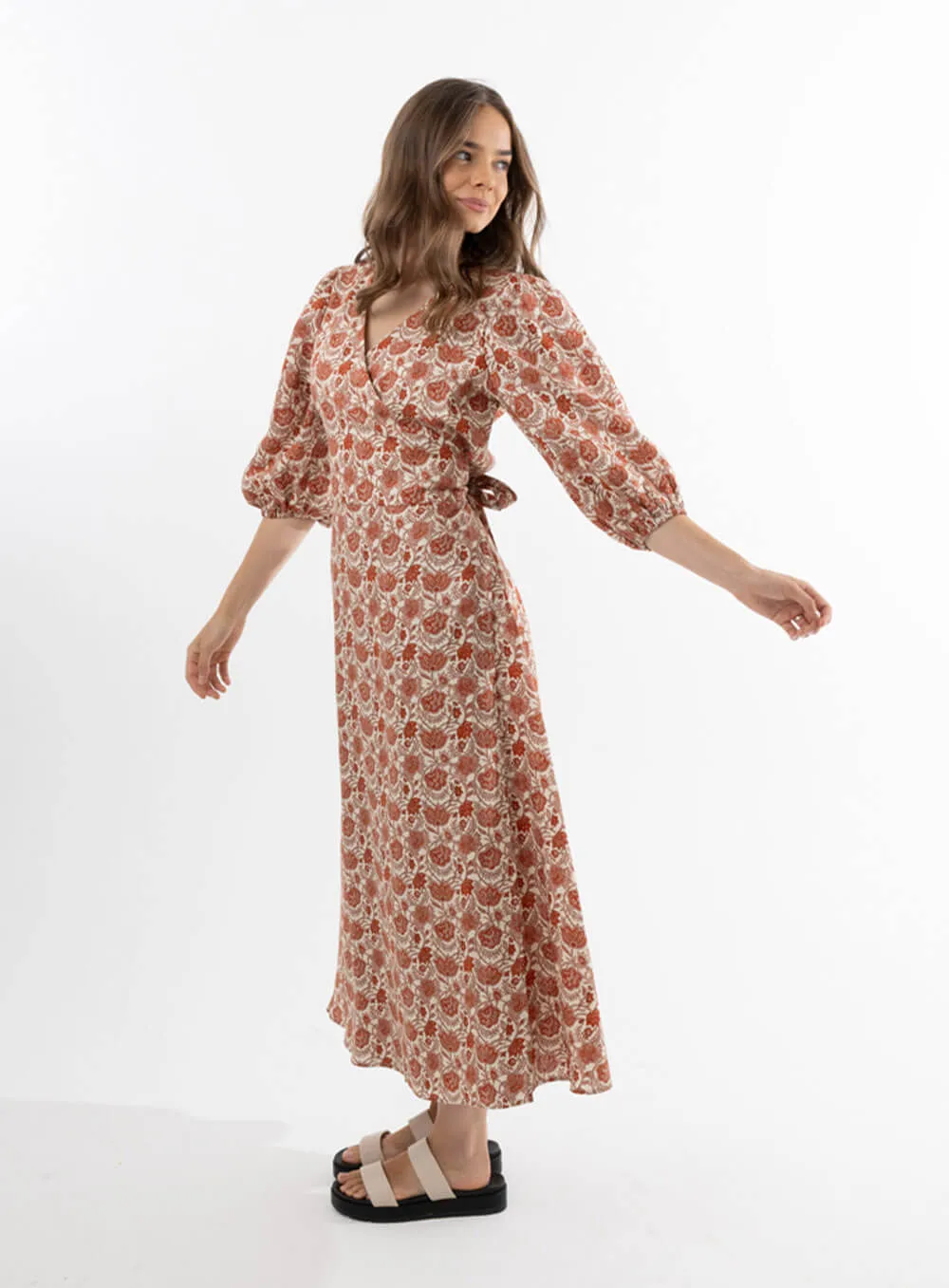 Lydia Linen Wrap Dress-Paisley Red