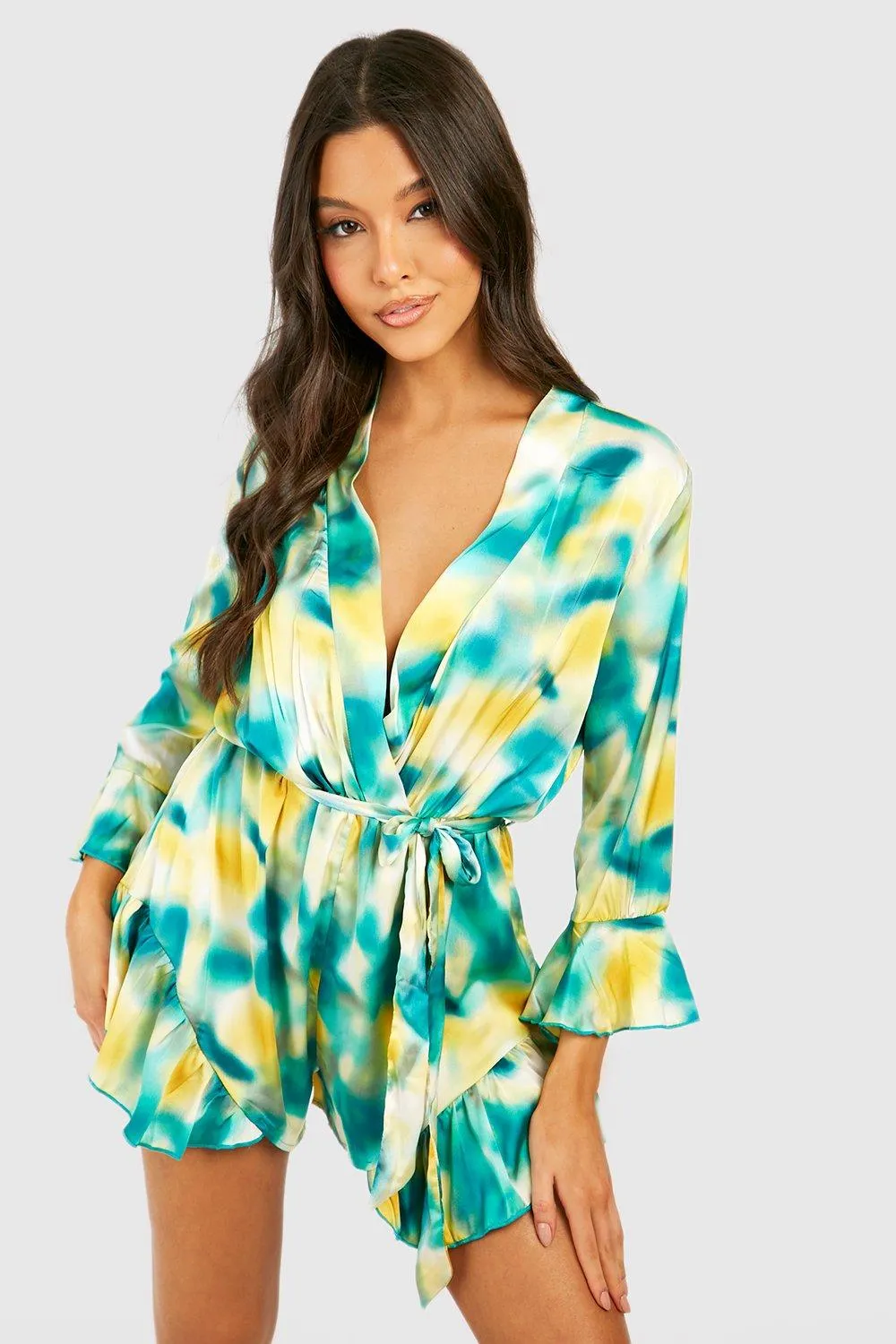 Marble Flare Sleeve Wrap Dress