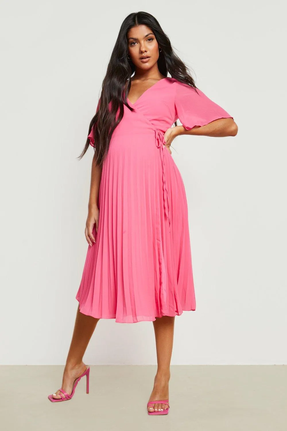 Maternity Wrap Pleated Skater Midi Dress