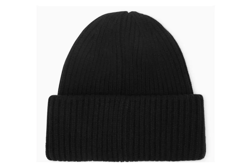 Moncler Logo Patch Ribbed Cashmere Blend Beanie Black