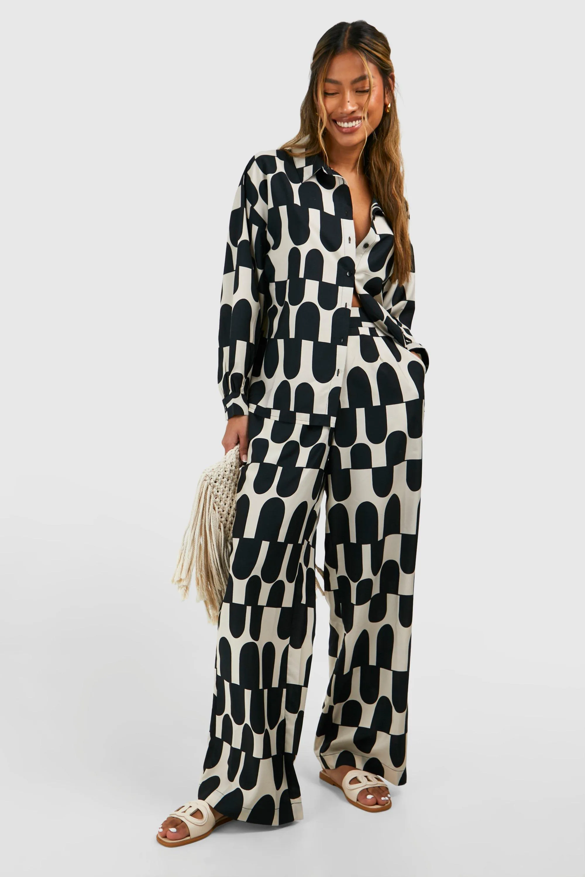 Mono Abstract Print Woven Shirt & Wide Leg Pants Set