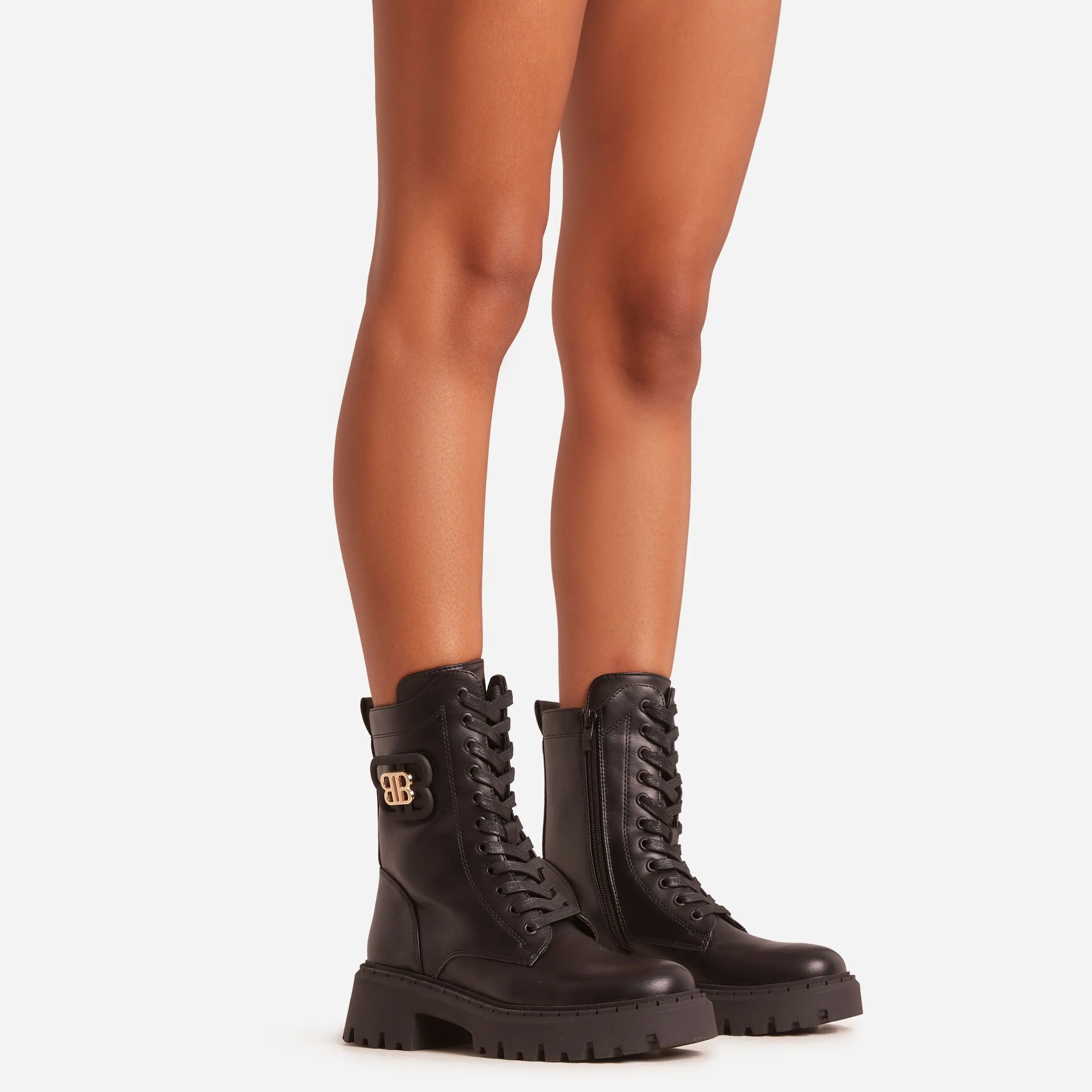 Mylo Logo Detail Lace Up Chunky Ankle Biker Boot In Black Faux Leather